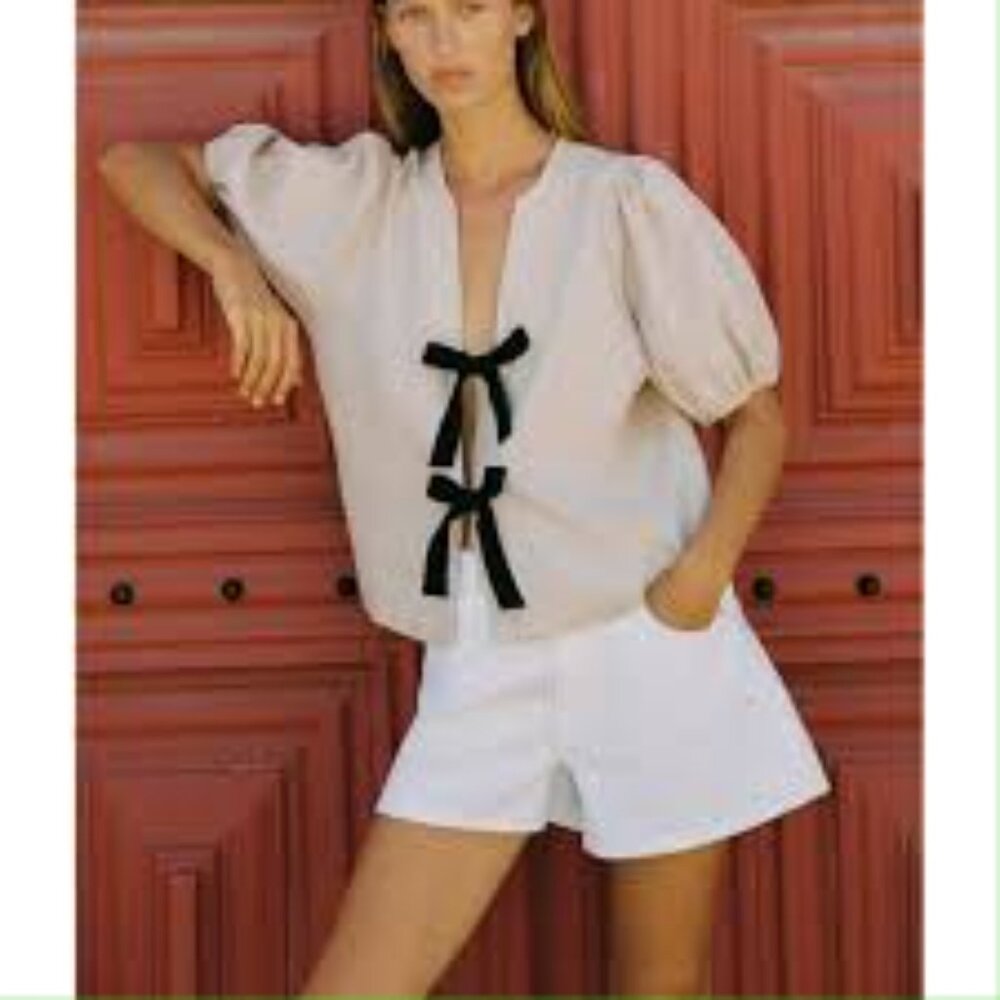 Zara new with tag puff sleeve linen bow tie top